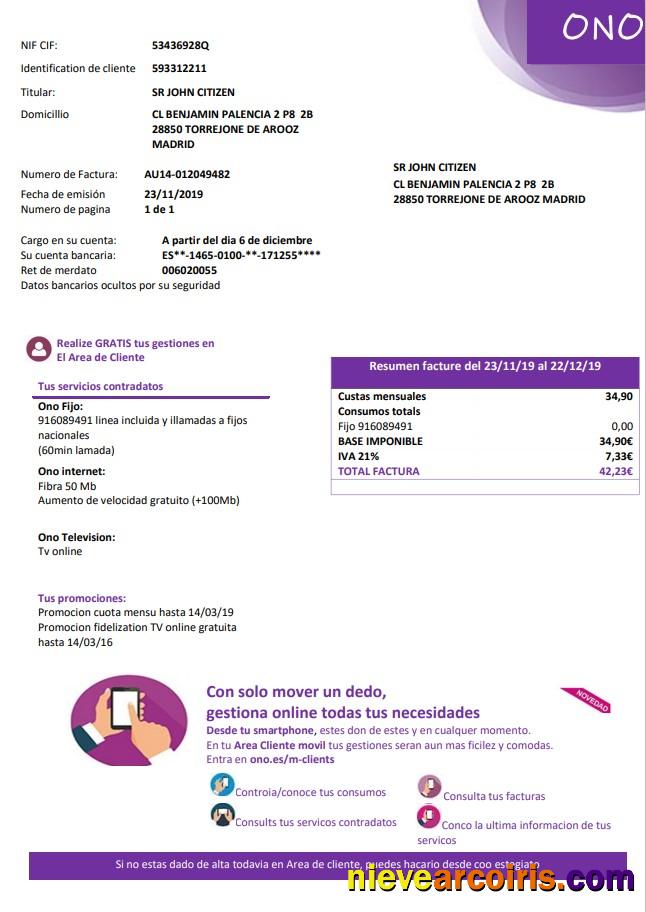Spain ONO utility bill